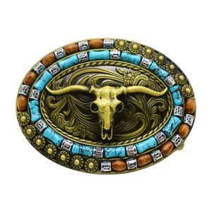 Men Women Antique Gold Metal Buckle Western Fashion Bull Long Horns Texas Cow